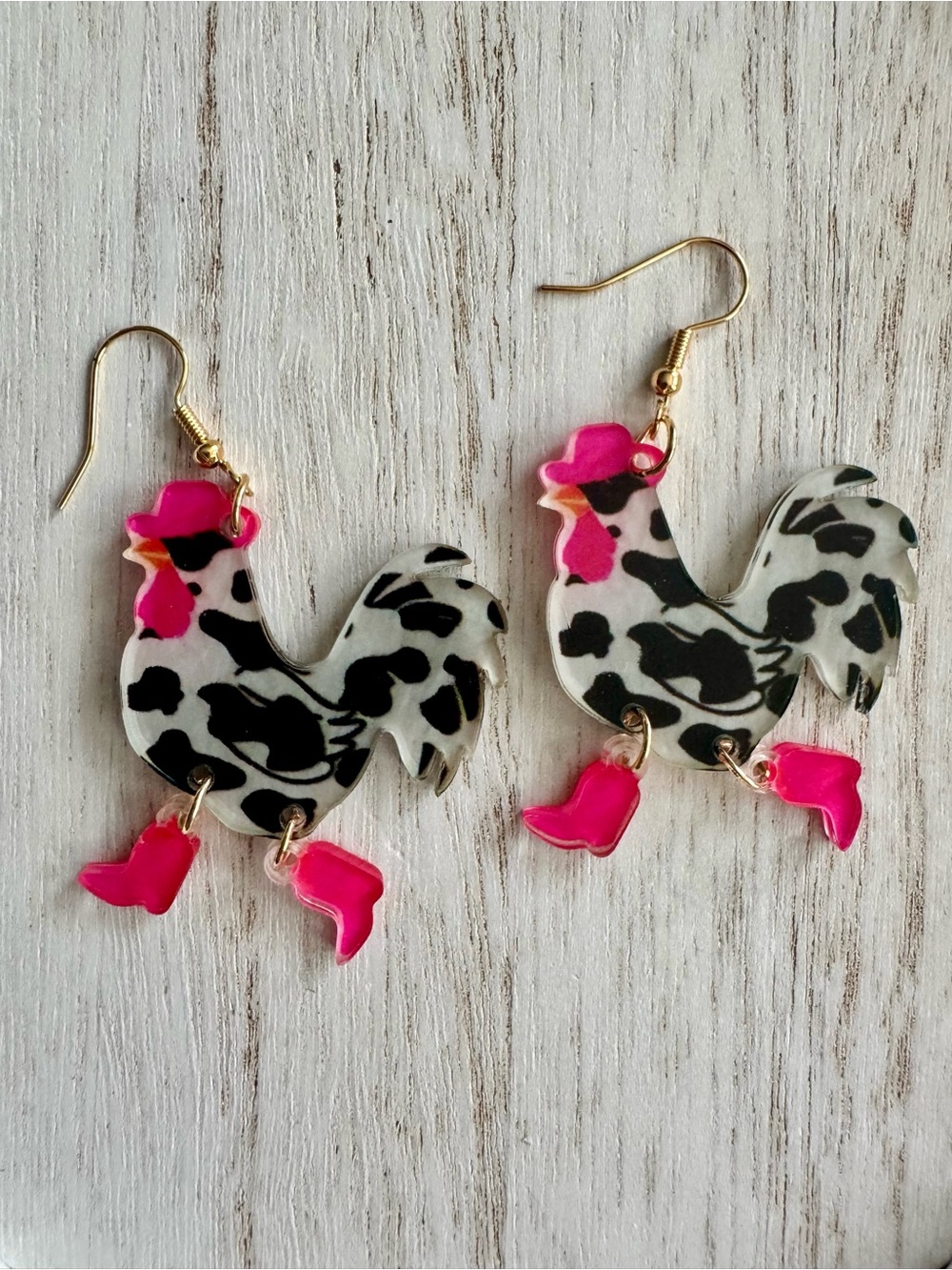 Rooster in Boots Dangle Earrings in Black & Hot Pink 2.5”